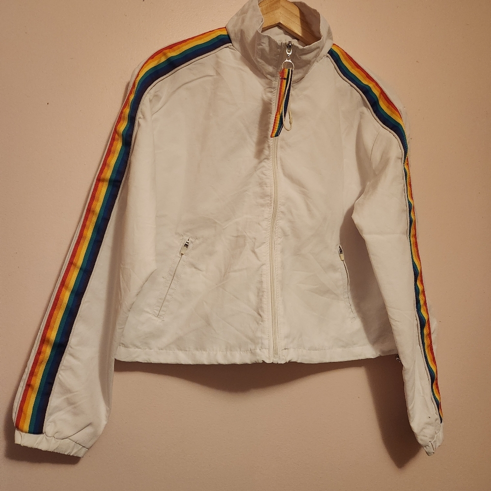 Ashley By 26 International White Rainbow Stripe Windbreaker Jacket Size L Retro